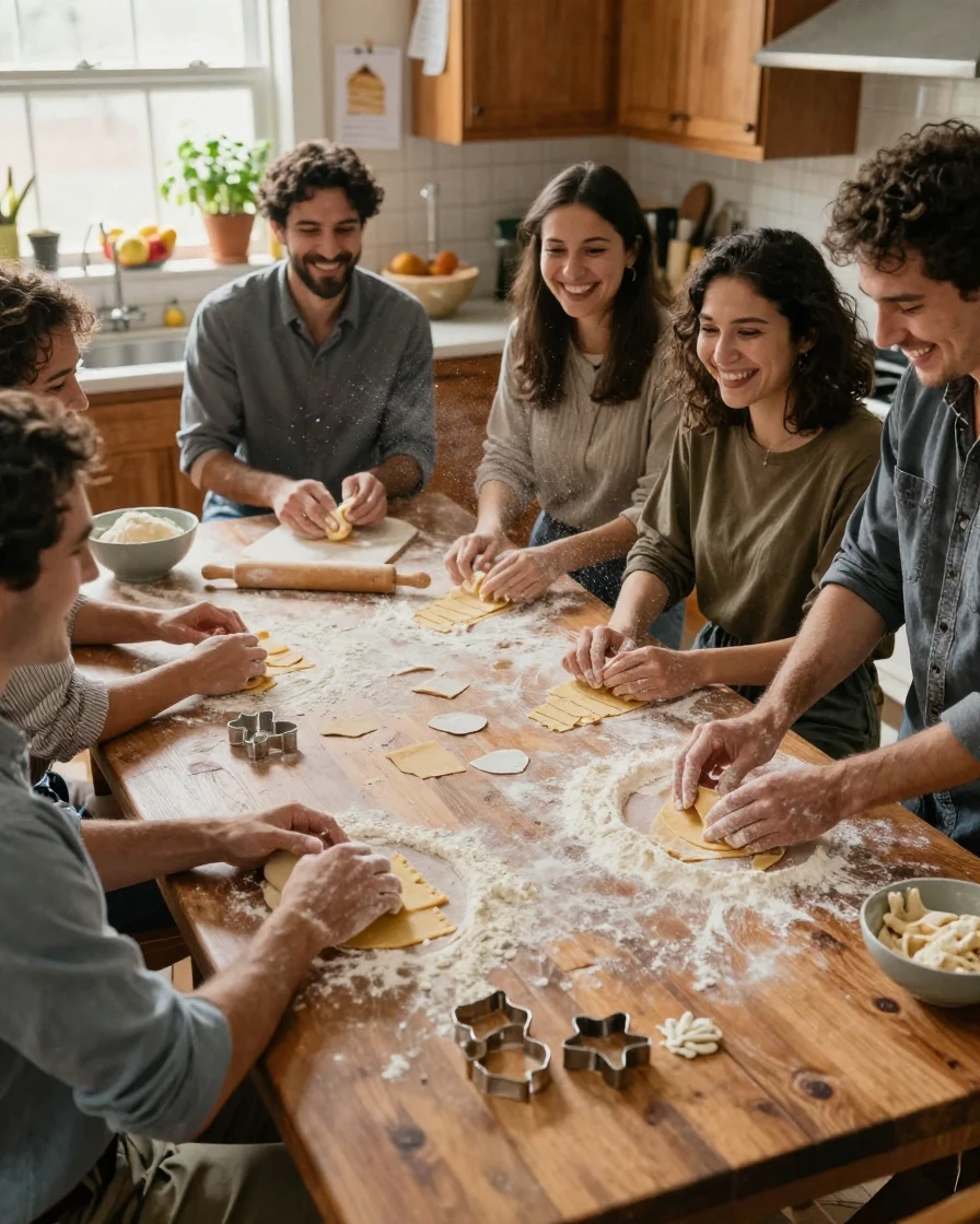 A group of friends makes homemade pasta, flour dusting the entire kitchen table.