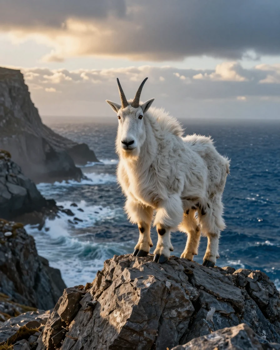 A mountain goat watching alertly from atop a rocky outcrop along a rugged coastal shoreline