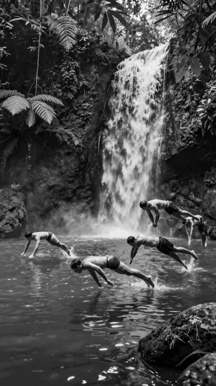 A group of swimmers dives into a clear jungle pool beneath a hidden waterfall.