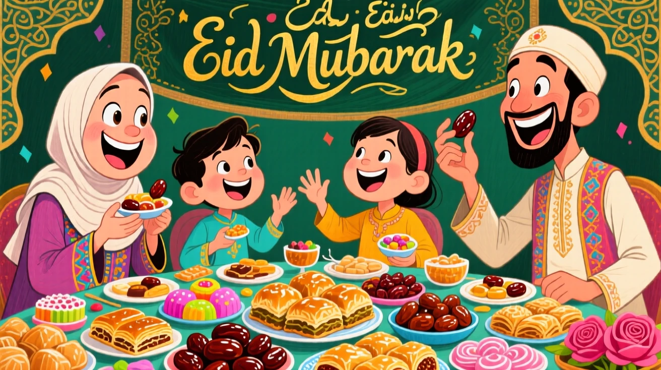 A family breaking their fast together at an Eid al-Fitr feast, table full of sweets.