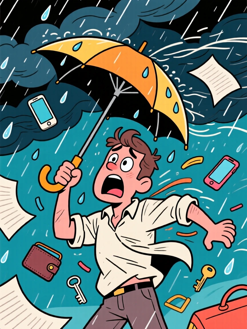A funny expressive moment showing a man fumbling an umbrella inside out during a storm, as papers and belongings scatter everywhere.
