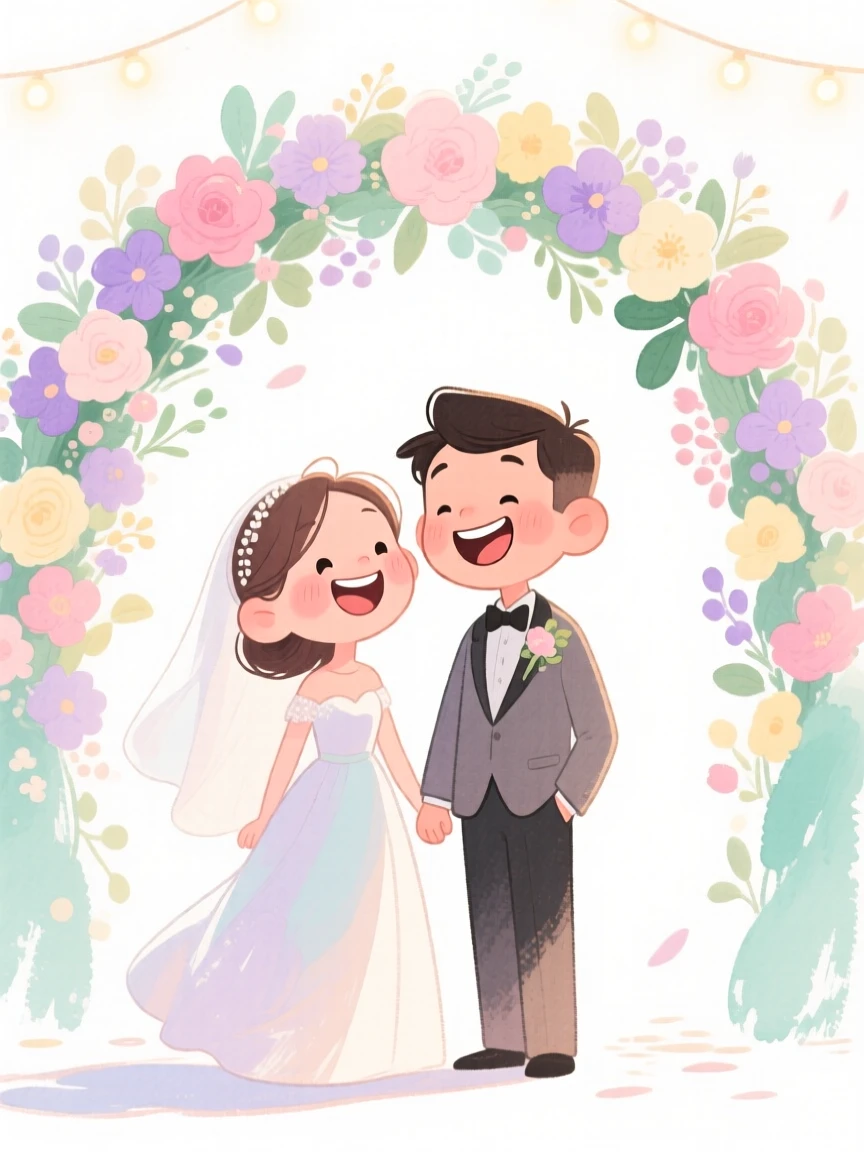A joyful celebration scene of a wedding scene with a couple under a floral arch, glowing with soft festive light