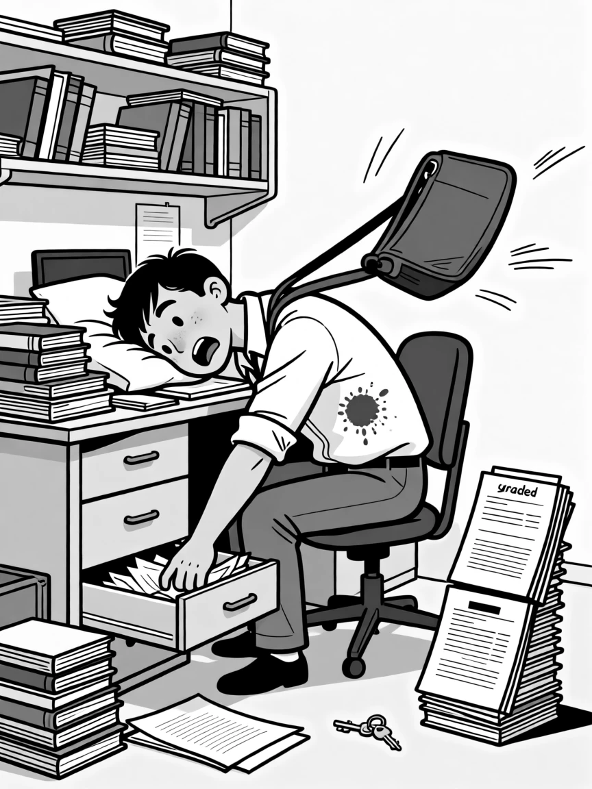 A office worker asleep at his desk with a coffee stain on his shirt, dropping one bag while frantically digging for keys, set in a cramped, book-covered dorm room. A stack of ungraded papers teeters nearby. The scene captures the comedy hidden in ordinary days.