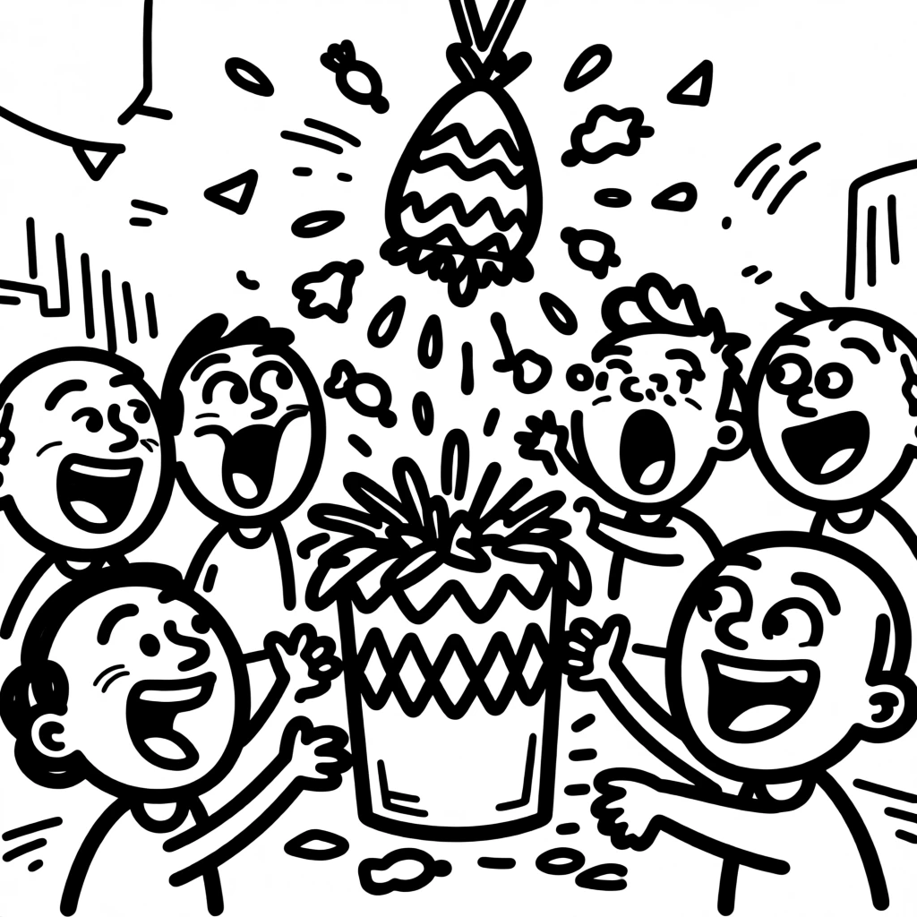 A birthday party scene with a piñata being triumphantly cracked open, candy flying.