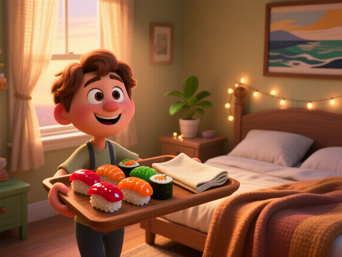 A plate of colorful sushi rolls sits on a tray carried to a cozy bedroom, next to a folded linen napkin. The scene feels inviting, warm, and delicious.