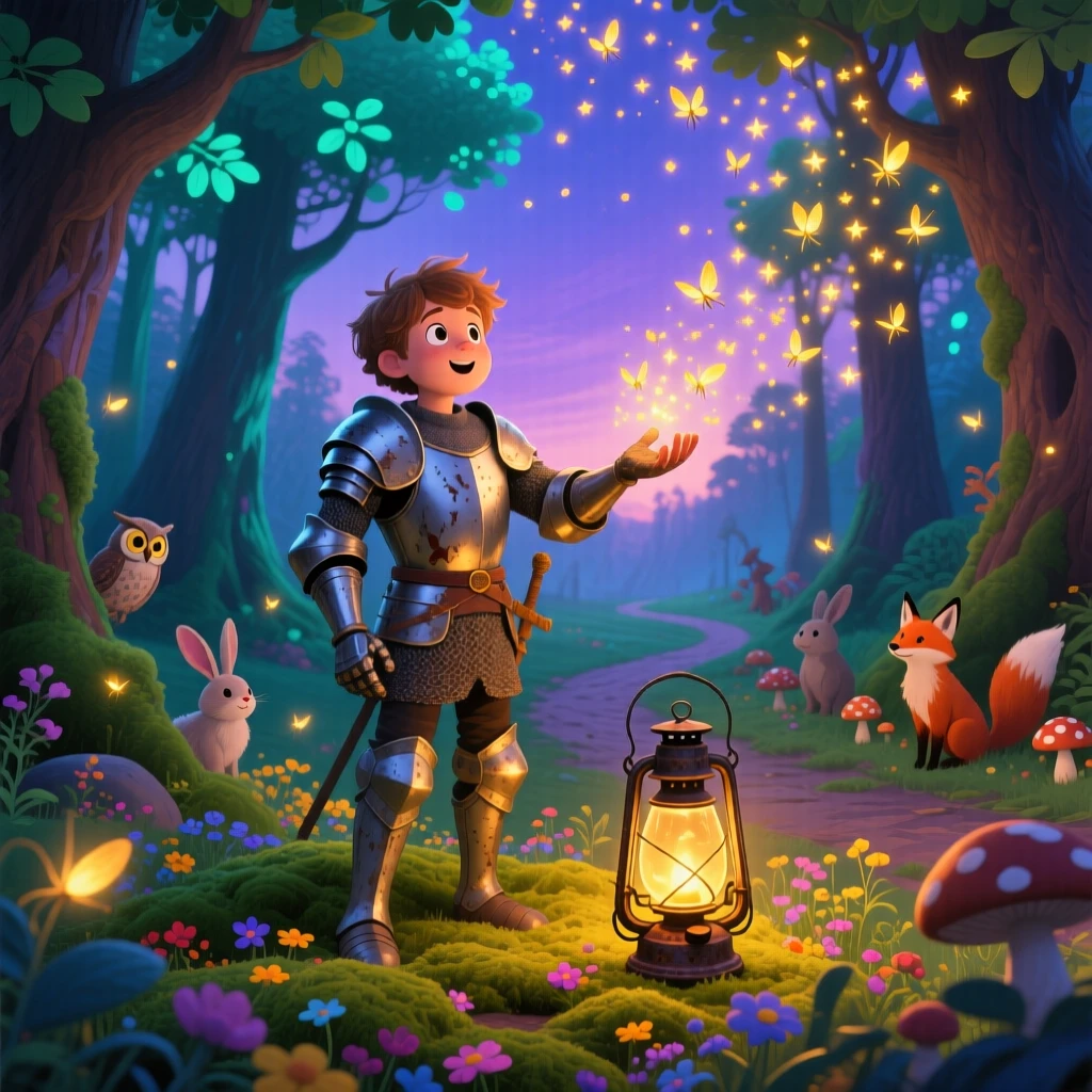 In an enchanted forest, a wandering knight discovers a moment of wonder while casting a spell that fills the sky with fireflies, while soft golden light spills from an old lantern.
