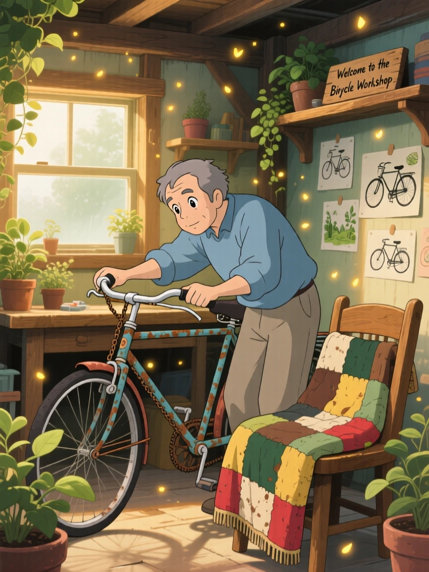 A man repairing an old bicycle in his garage, a patchwork quilt draped over a nearby chair, the whole scene feeling peaceful and unhurried.