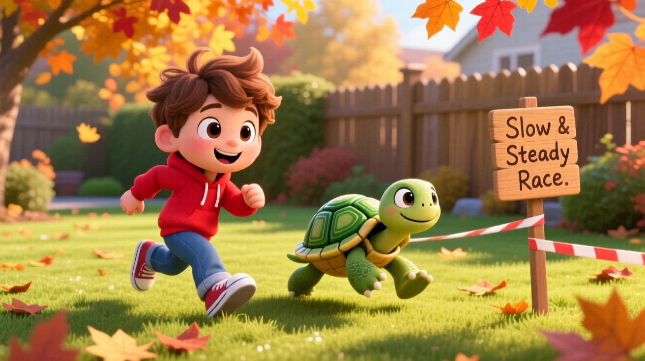 Full-body shot of a boy and a turtle, racing slowly across the backyard, in a sunny garden lawn, on a crisp autumn afternoon, illuminated by warm morning light filtering through leaves, radiating curious excitement.