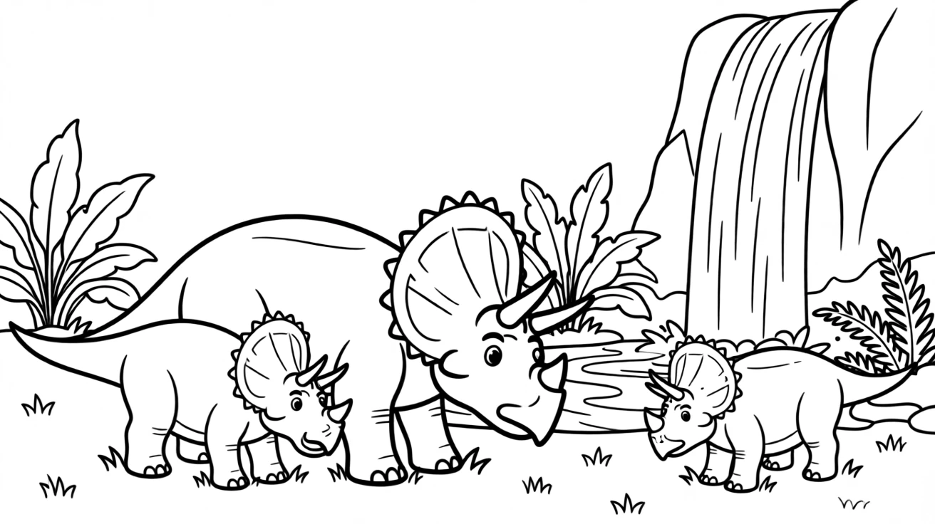 A Triceratops family grazing near a waterfall