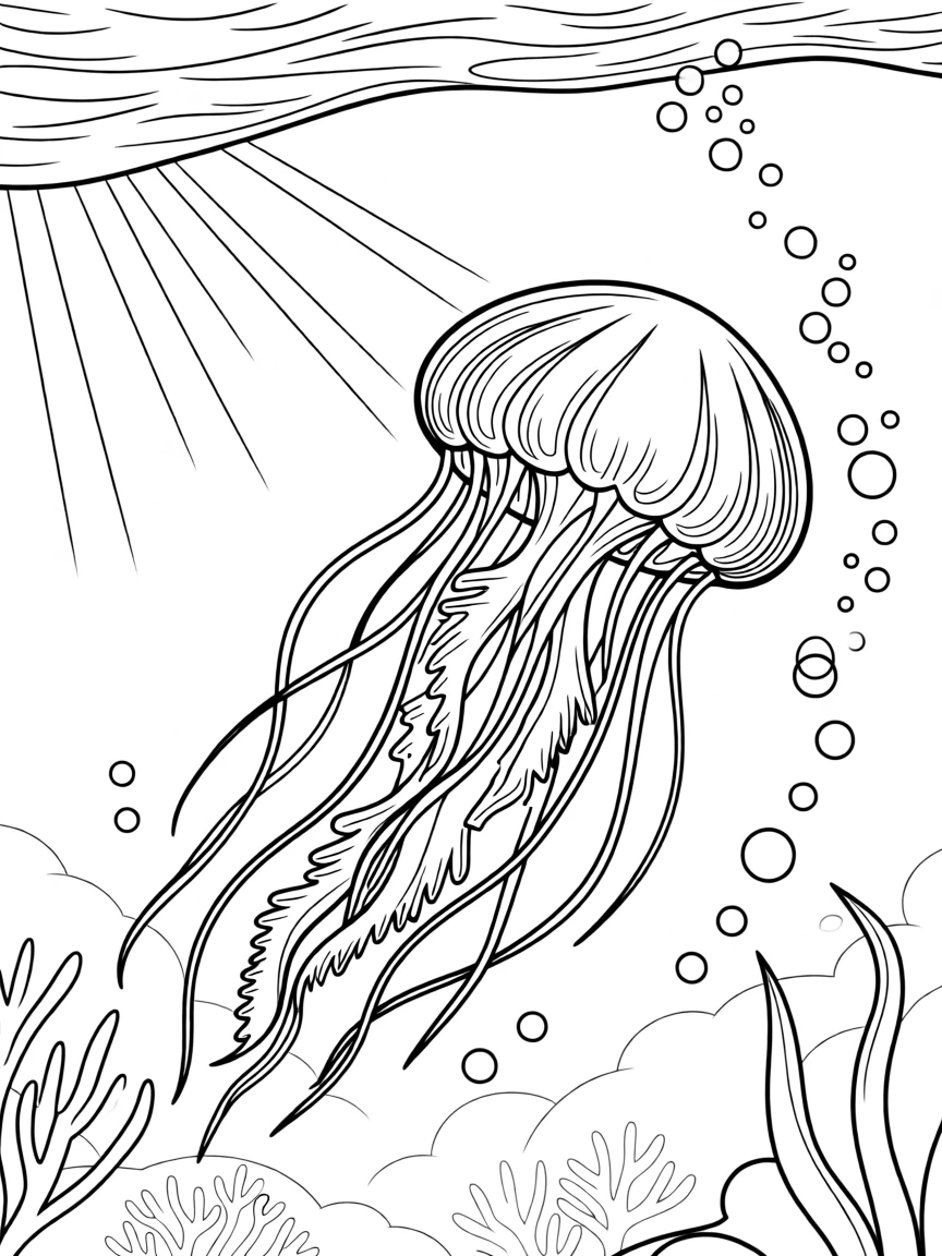 A jellyfish drifting through sunbeams in deep water, with bubbles rising toward the surface.