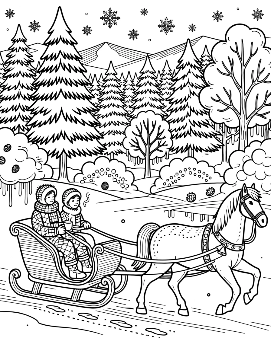 A winter sleigh ride scene through a snow-covered forest.
