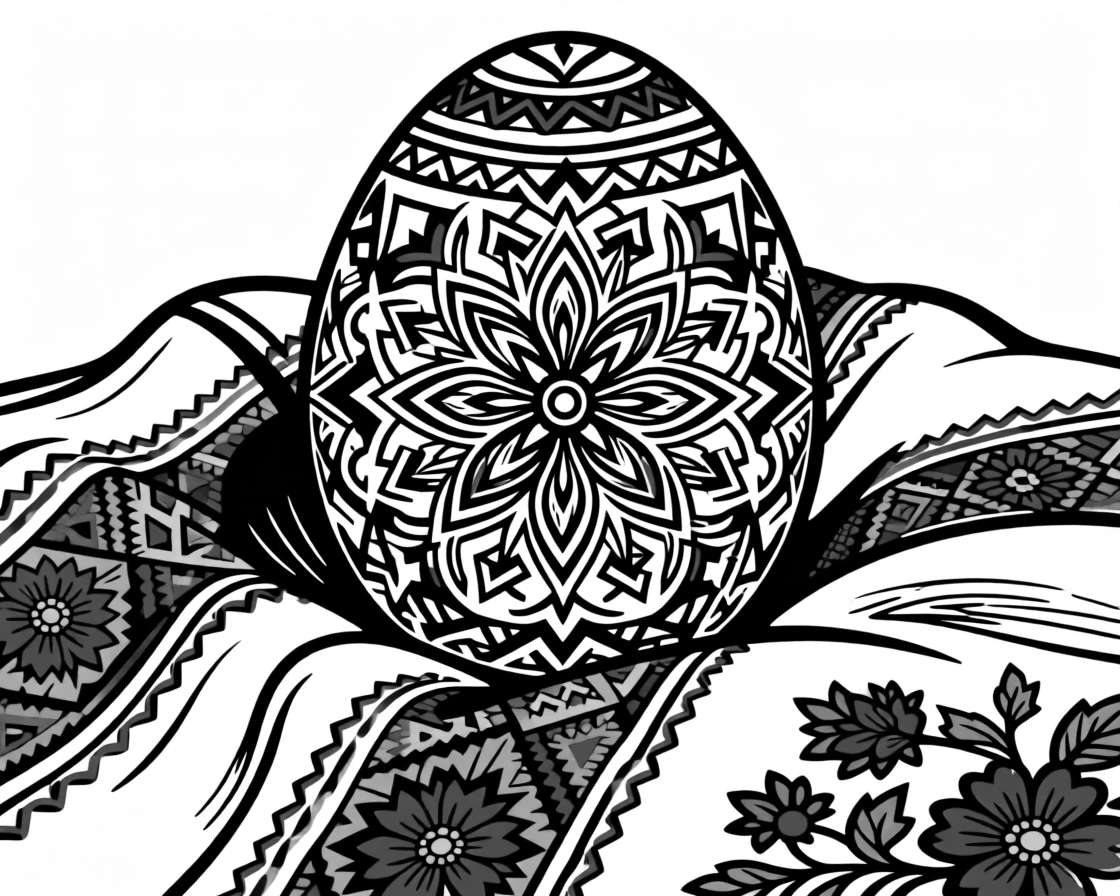 A traditional Ukrainian pysanka egg painting displayed on an embroidered cloth.