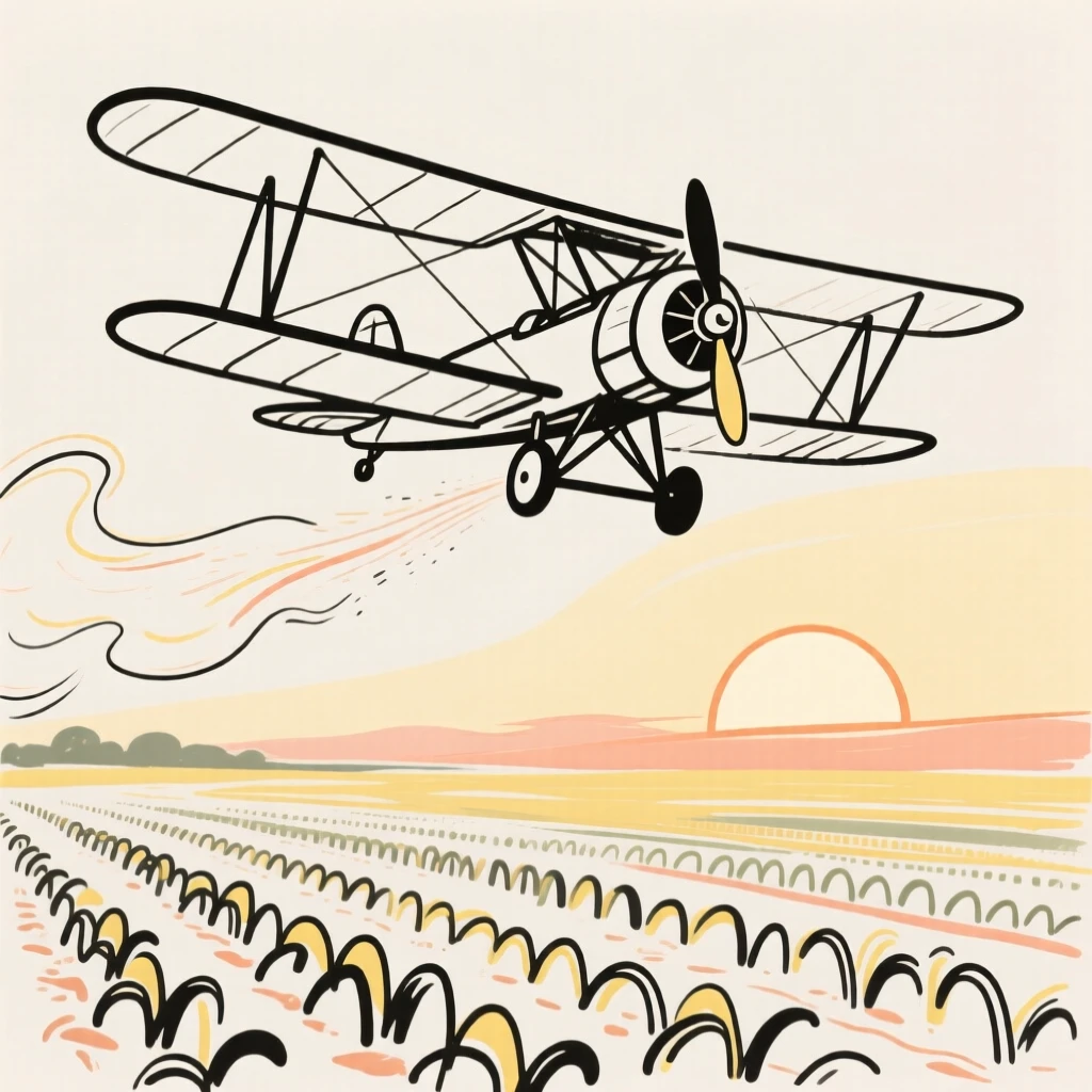 A vintage biplane crop-dusting a field at sunrise.
