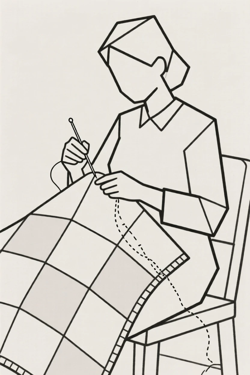 A quilter stitching a patchwork blanket by hand