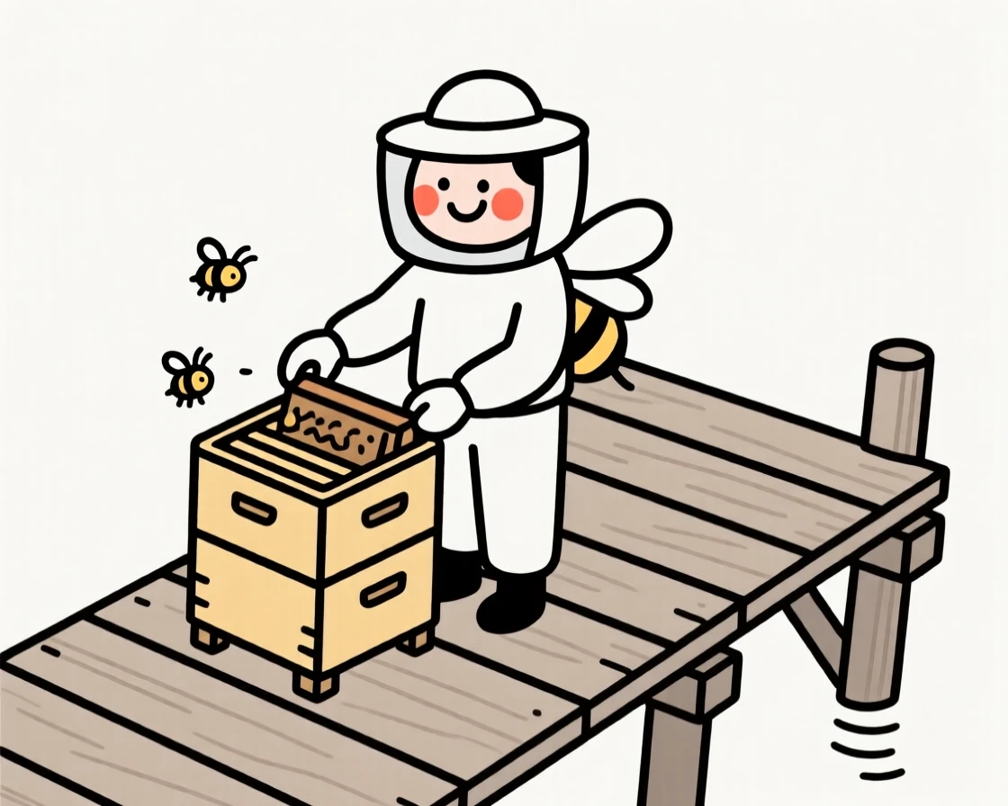 A beekeeper checking a hive, grinning mischievously, on a wooden fishing pier.