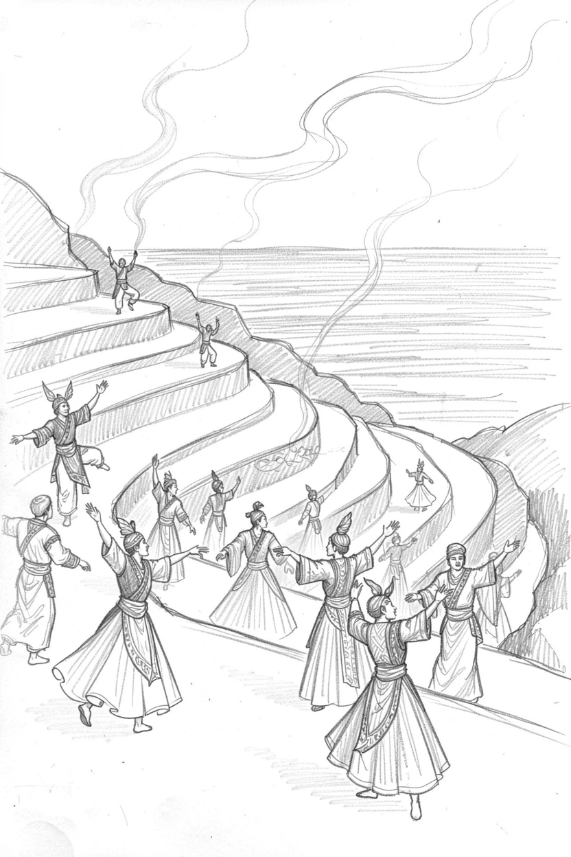 A vibrant cultural scene of dancers performing in elaborate traditional costume on terraced hillsides overlooking the sea, with incense smoke curling gently upward.