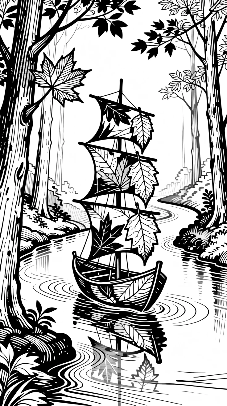 A ship made of autumn leaves sailing gently down a forest stream.