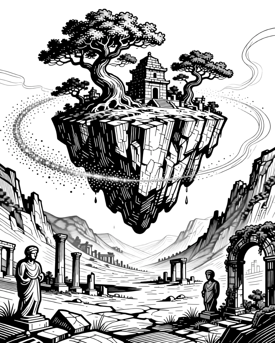 A floating island held aloft by ancient magic in a valley scattered with ancient ruins, with a trail of glimmering dust in the air, forming a hauntingly beautiful fantasy scene.