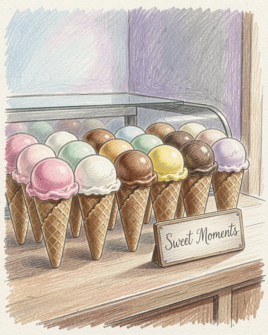 An ice cream parlor counter with colorful scoops in waffle cones, set against a softly lit, atmospheric backdrop, capturing a quiet story that lingers with the viewer.