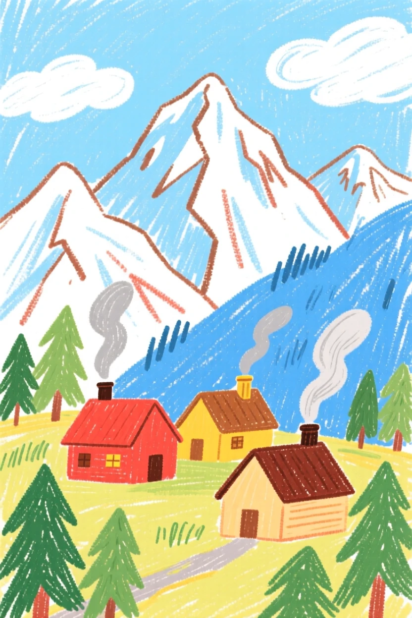 A mountain village nestled beneath towering snowy summits.