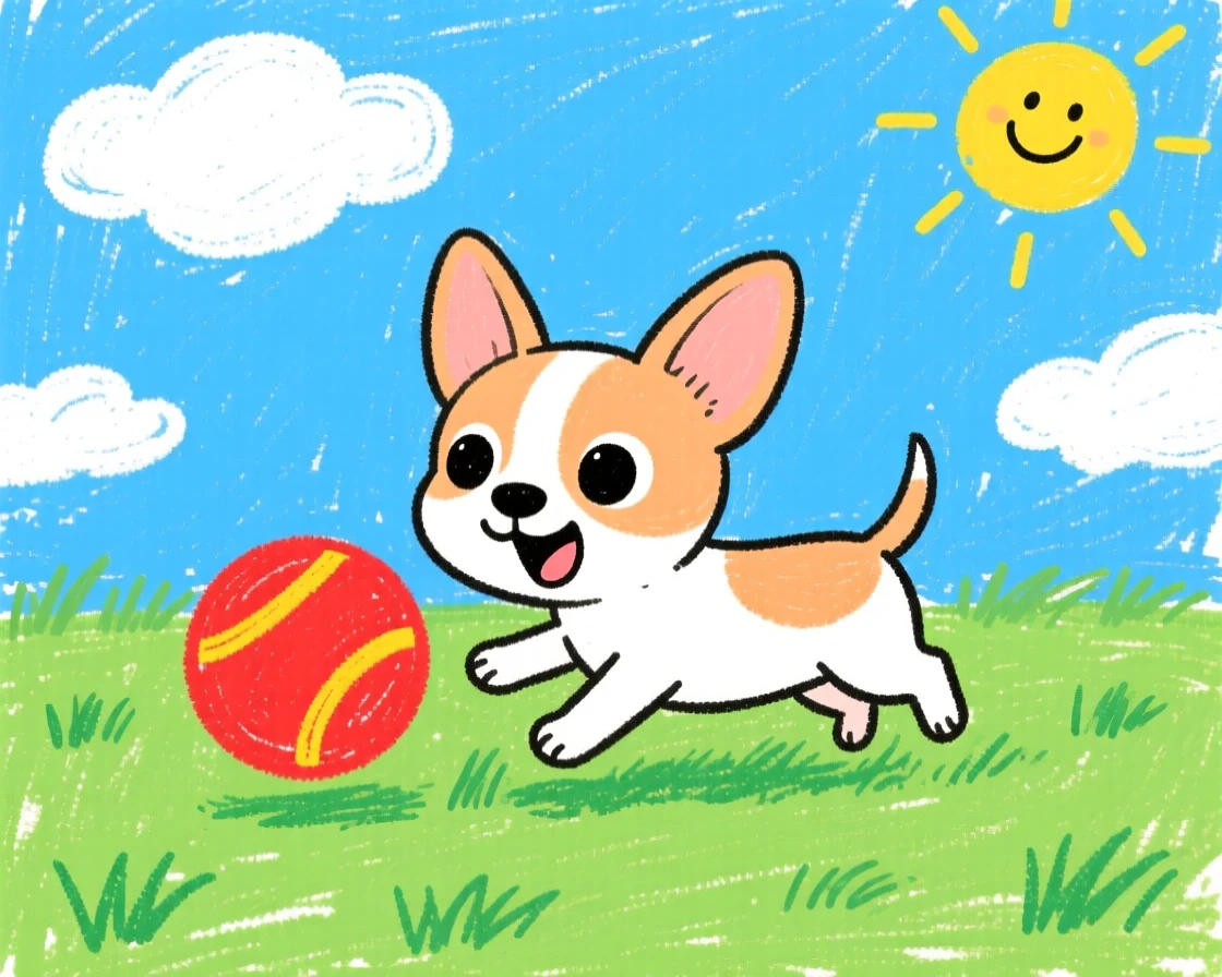 A tiny chihuahua fetching a rubber ball across the lawn.