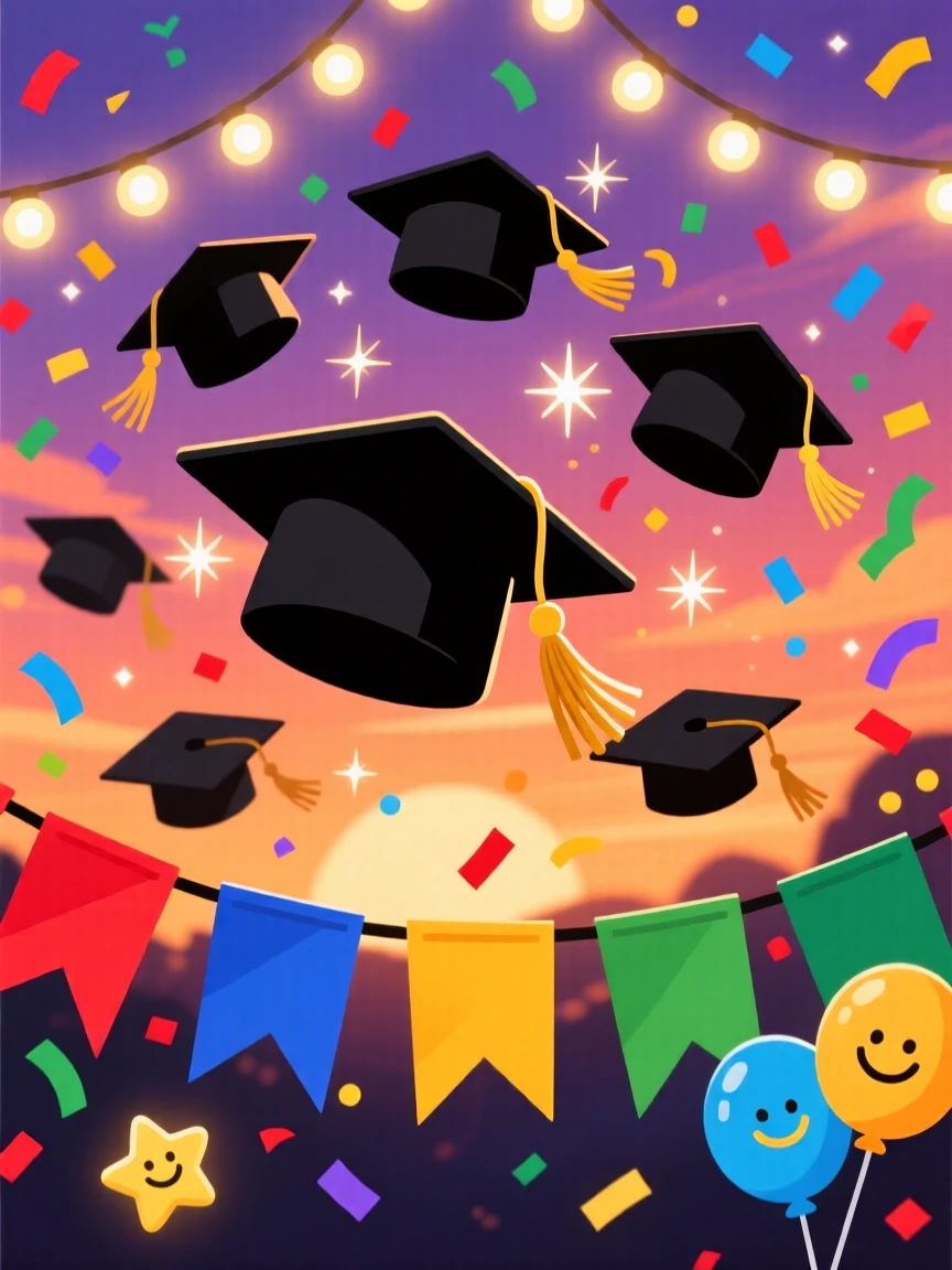 A graduation celebration with caps thrown high into the air, decorated with warm string lights and colorful banners, arranged with cheerful details filling every corner, with warm twinkling lights adding a magical sparkle.
