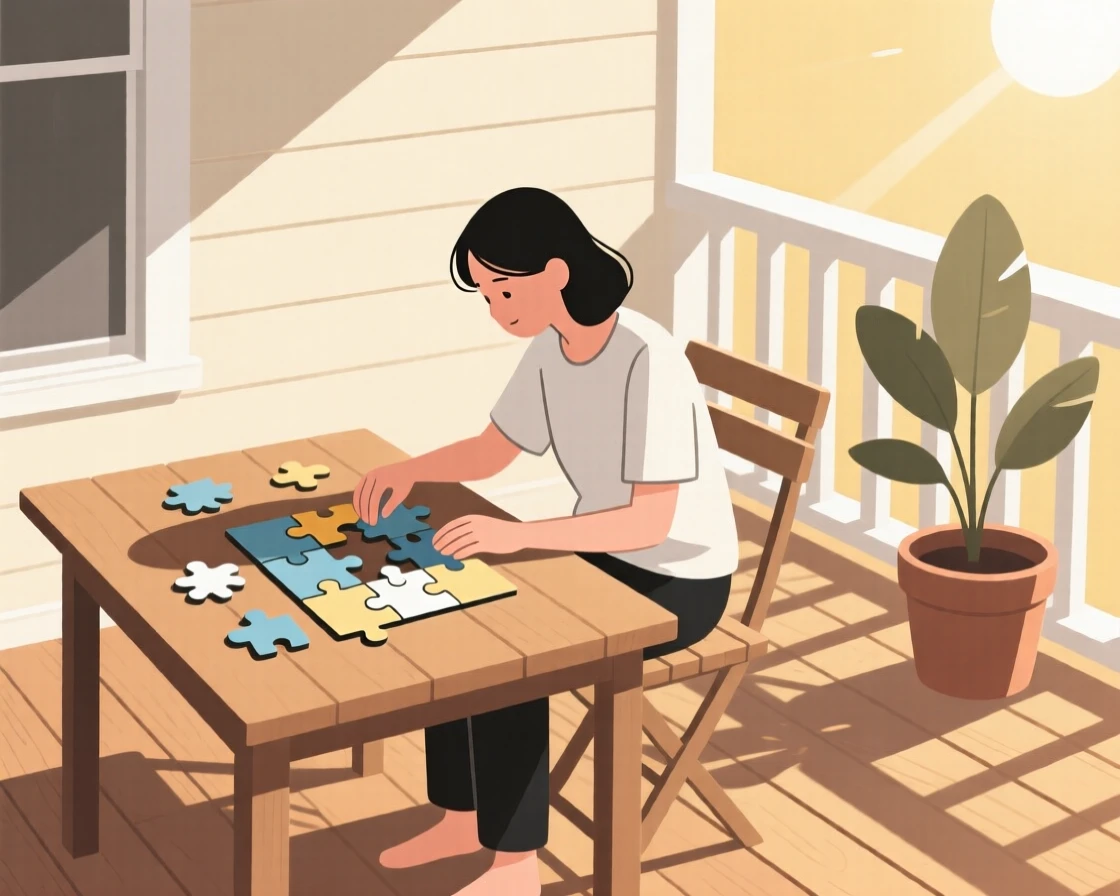 A person assembling a puzzle in a sunlit porch.