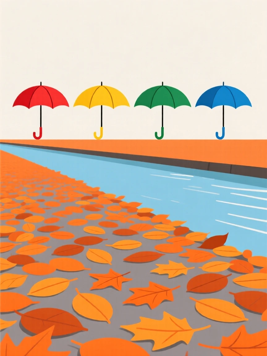 A carpet of fallen orange leaves covering a riverside path as a row of colorful umbrellas appears in the distance, full of seasonal renewal.
