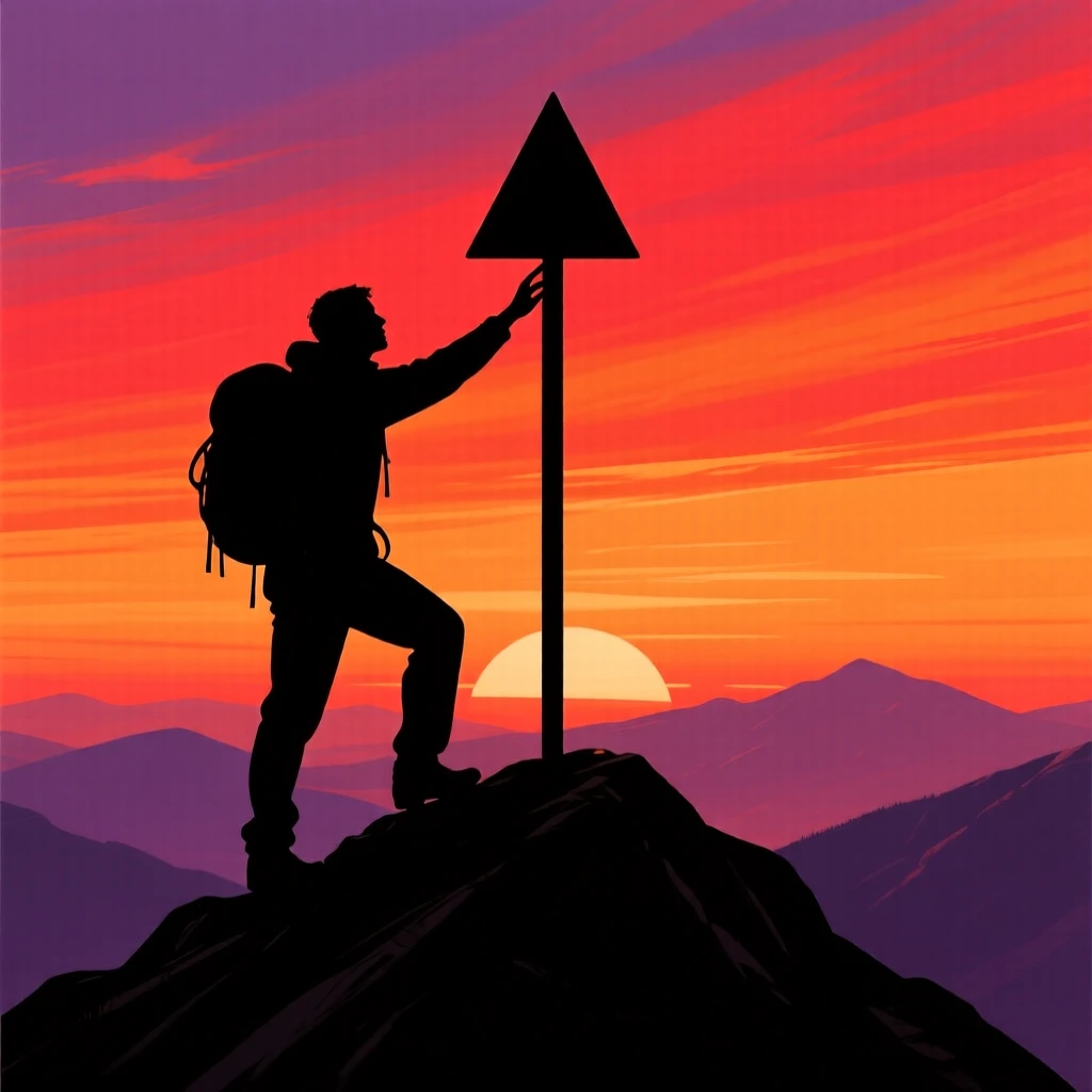 A hiker reaching a mountain summit marker, hand outstretched to touch it.
