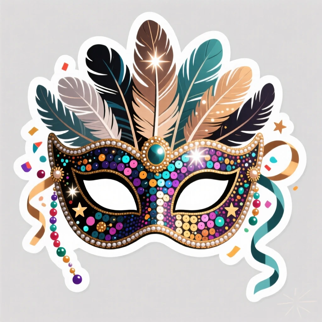 A sparkling and celebratory costume party mask with feathers and sequins, decorated with ribbons and small ornaments, during the most magical time of year.