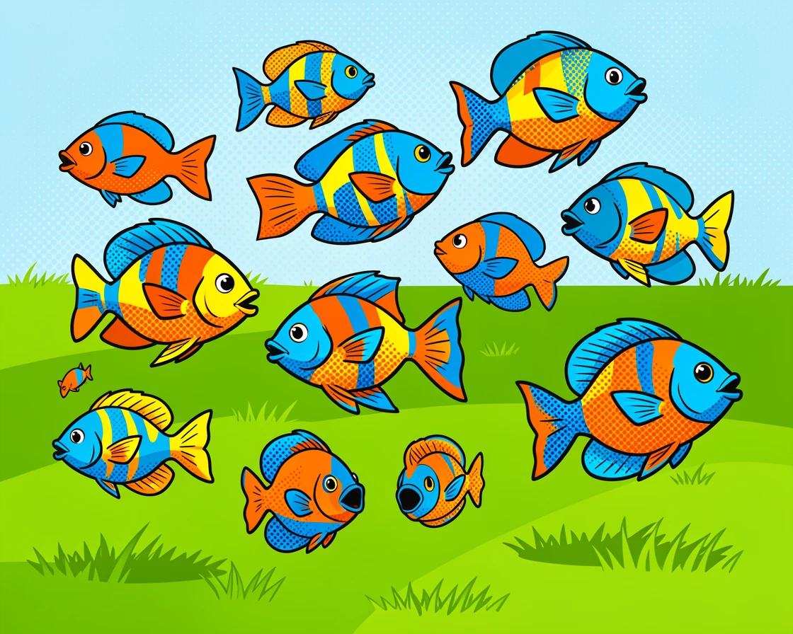 A school of tropical fish bounding playfully across an open field