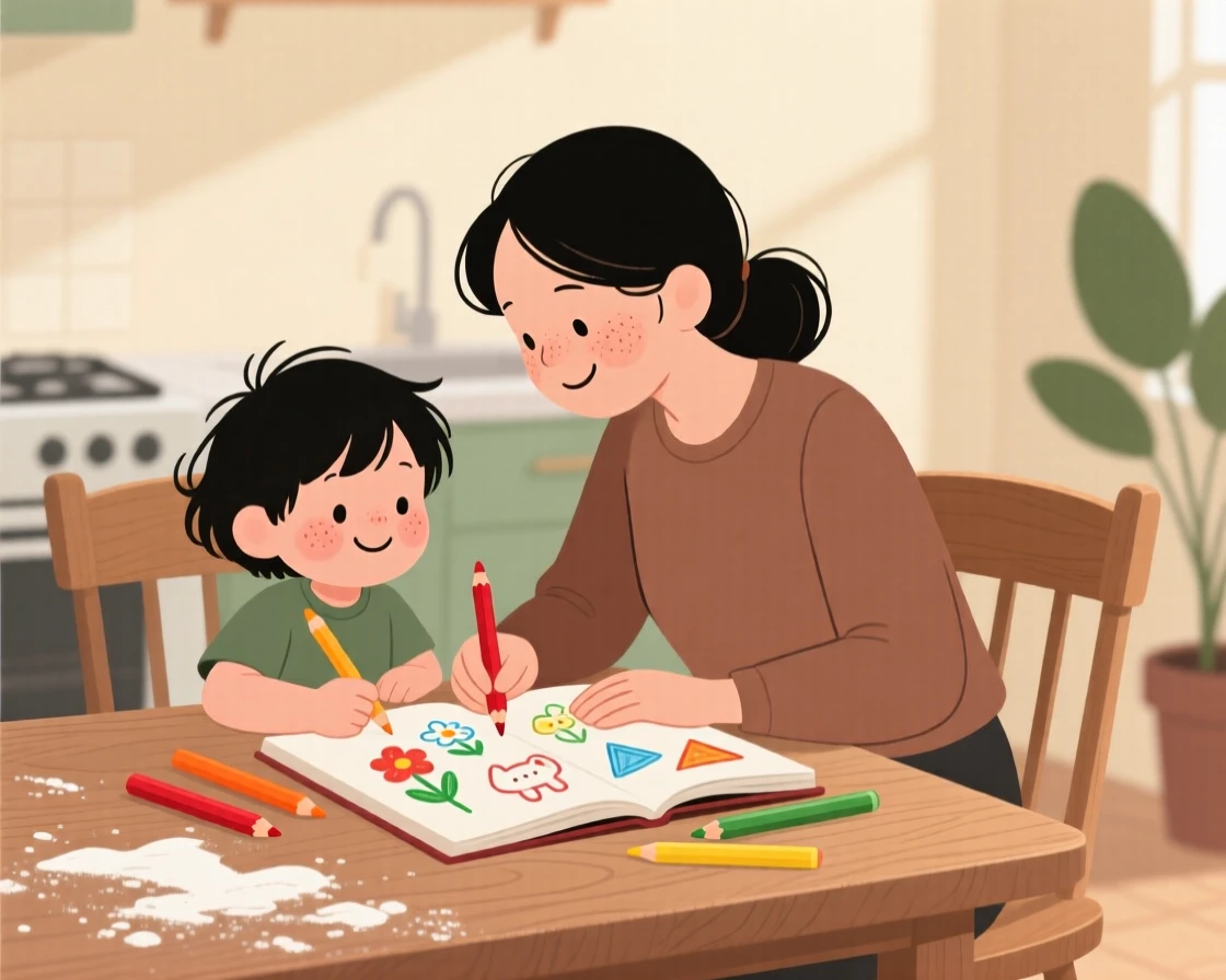 A mother teaches a eager grandchild how to sketch with colored pencils at the kitchen table while flour dusts the wooden table, both focused and smiling.