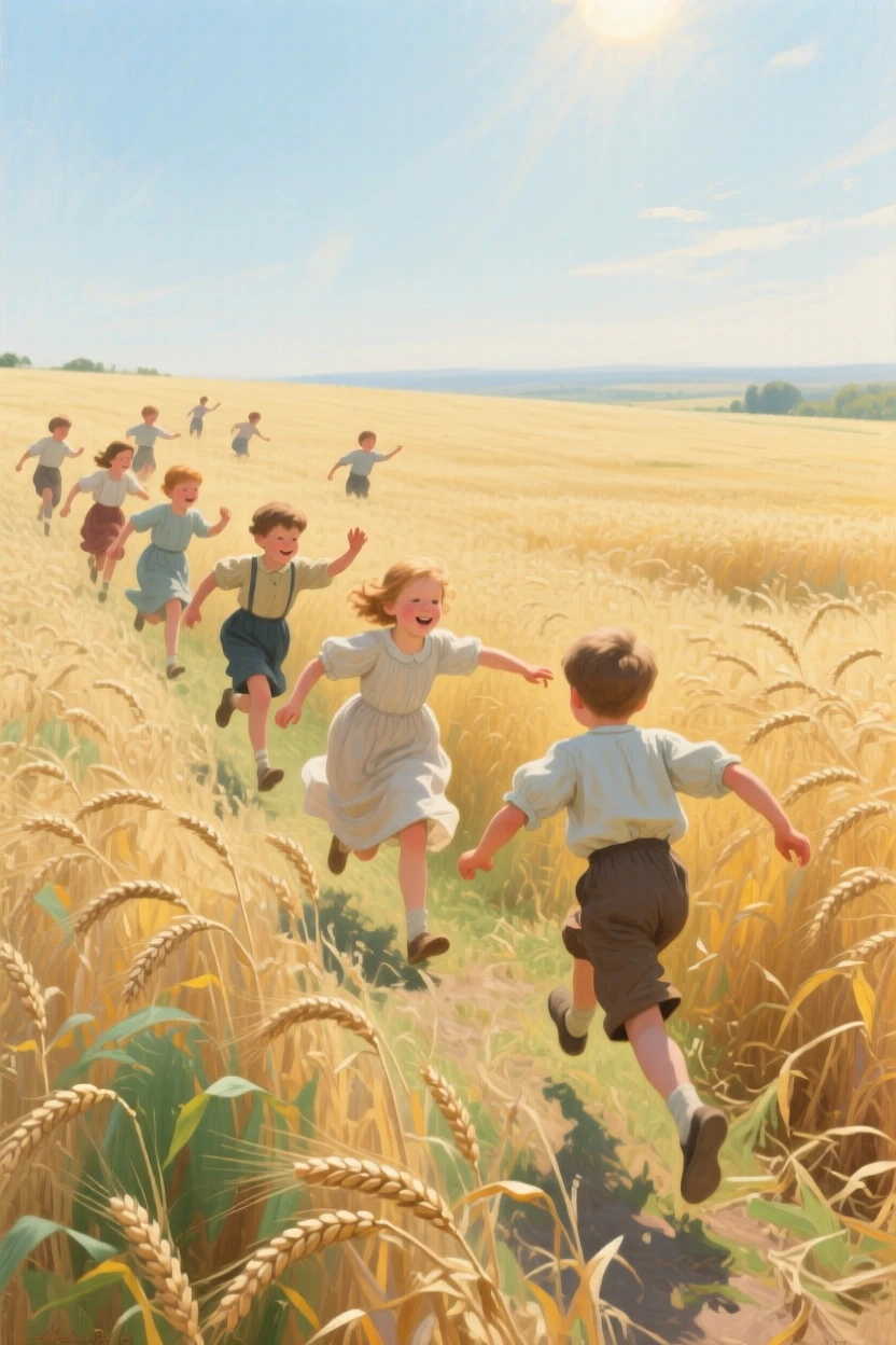 A centered composition of a group of children chasing each other through a wheat field, in the height of summer, at midday.