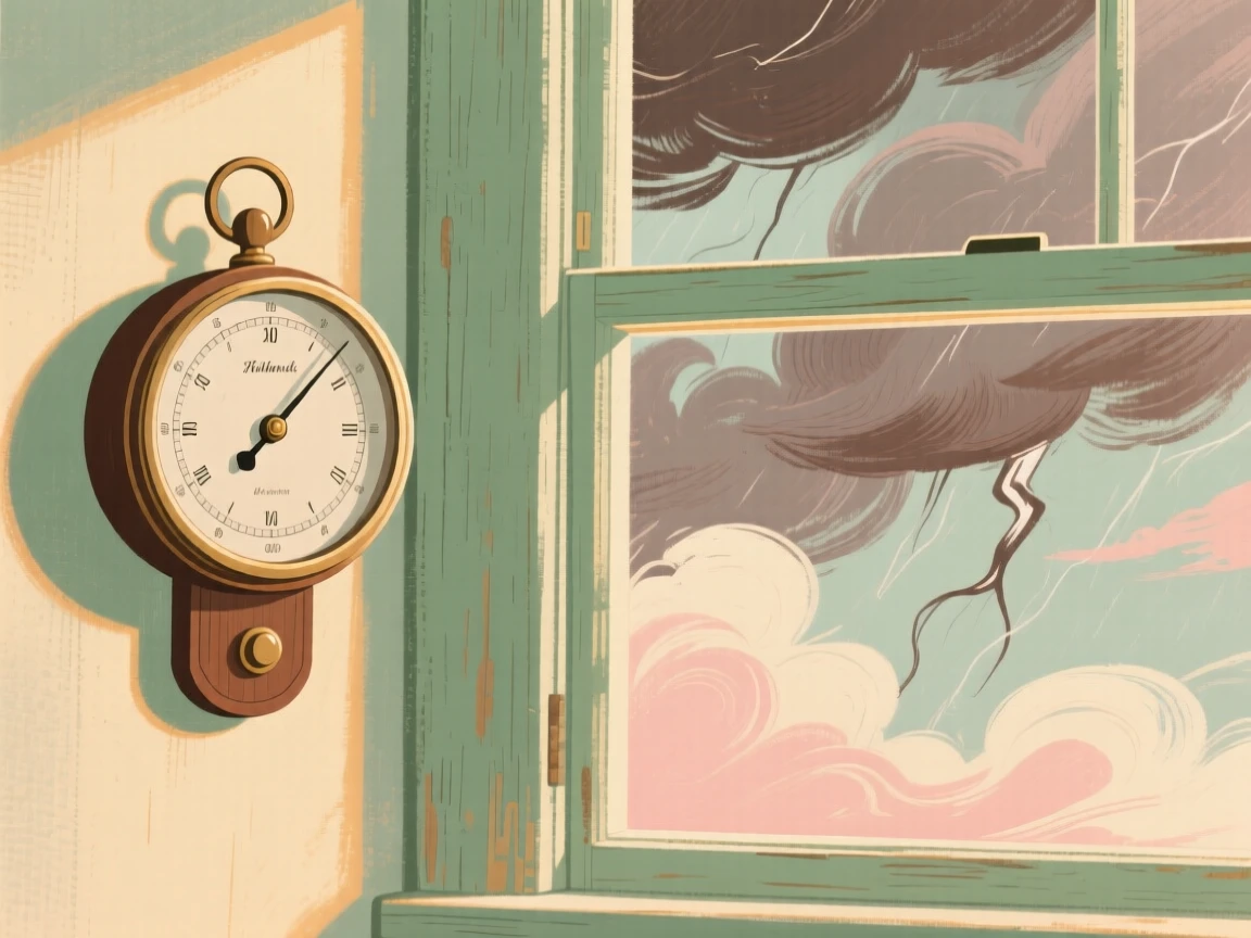 An old barometer mounted beside a window overlooking stormy skies