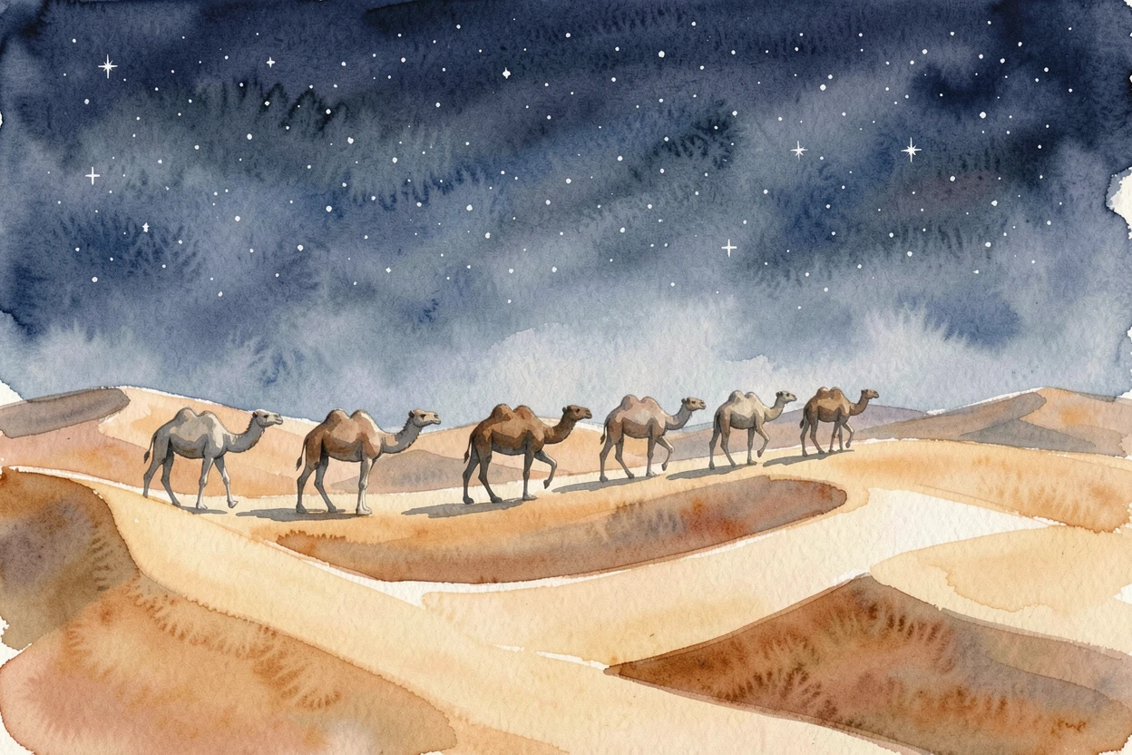 A desert caravan of camels crossing golden dunes under a starlit sky.