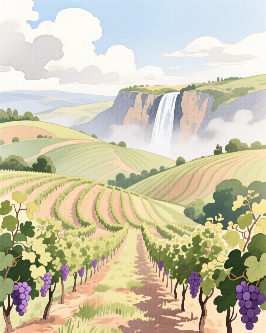 A breathtaking view of a rolling vineyard beneath drifting clouds, with a waterfall cascading in the distance