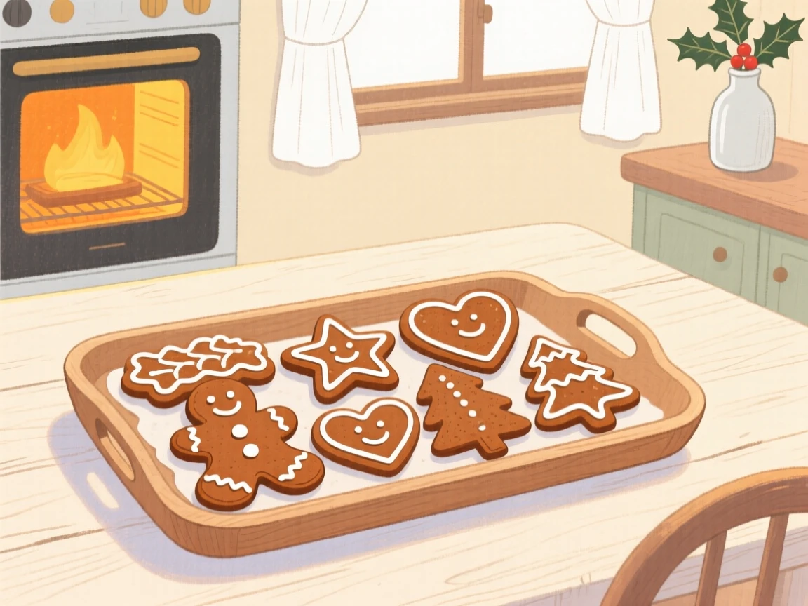 A cozy scene featuring a tray of gingerbread cookies fresh from the oven.