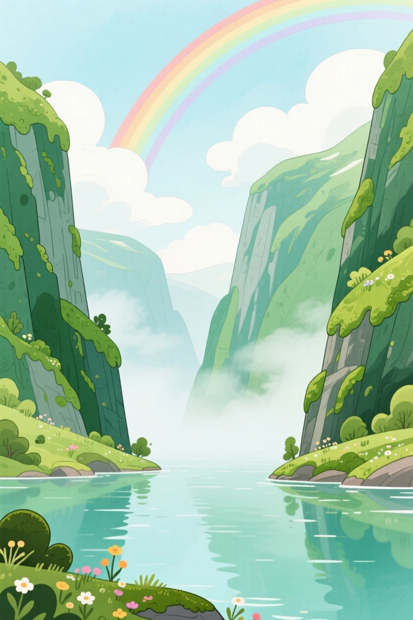 A misty fjord with steep green cliffs, with a rainbow arching softly overhead, evoking peaceful serenity and awe.