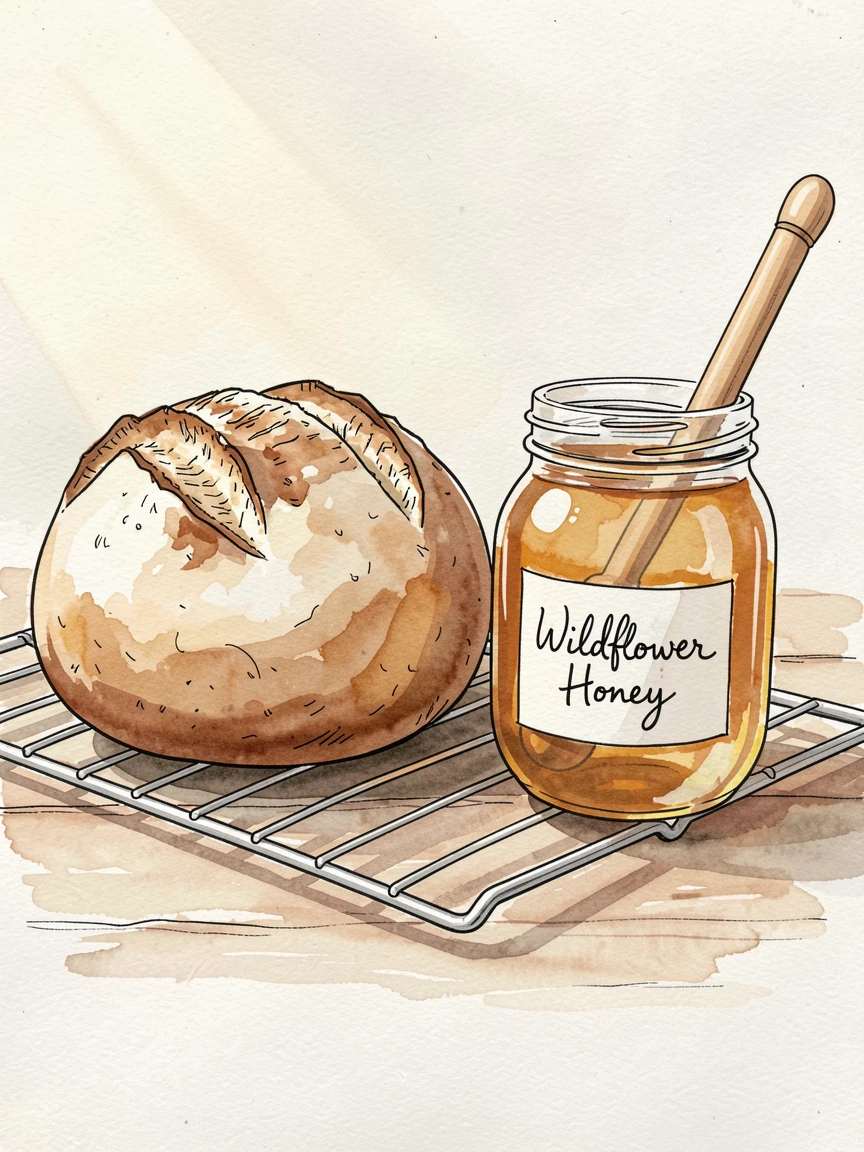 A rustic loaf of sourdough bread cooling on a wire rack beside a jar of honey, the aroma almost palpable in the soft afternoon light.