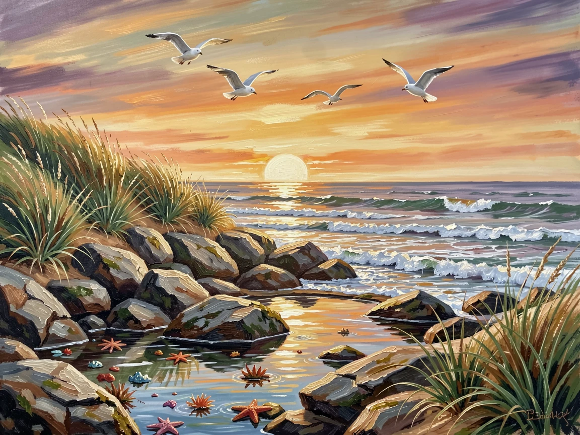Beneath tall grass-covered dunes, a rocky cove with tidepools, gulls wheeling overhead as waves roll gently onto the shore, at sunset, the sun sinking into the horizon in a blaze of gold.