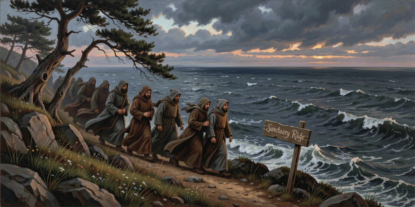 A group of monks crosses a ridge overlooking a distant sea as the wind howls across the ridge.