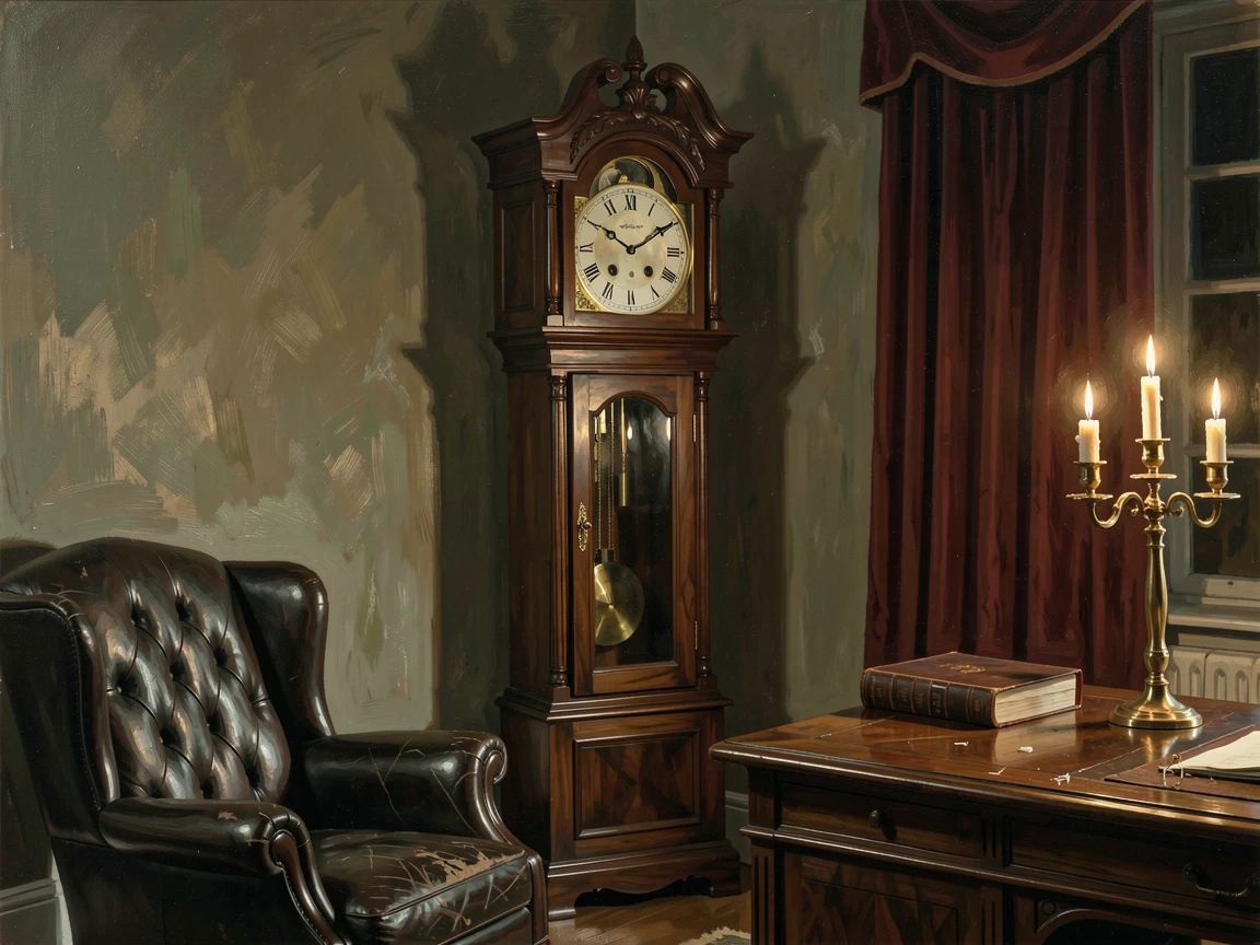 A polished grandfather clock standing in the corner of a candlelit study, with soft, warm light highlighting every fine texture and detail, designed as a sophisticated piece for upscale interior decor