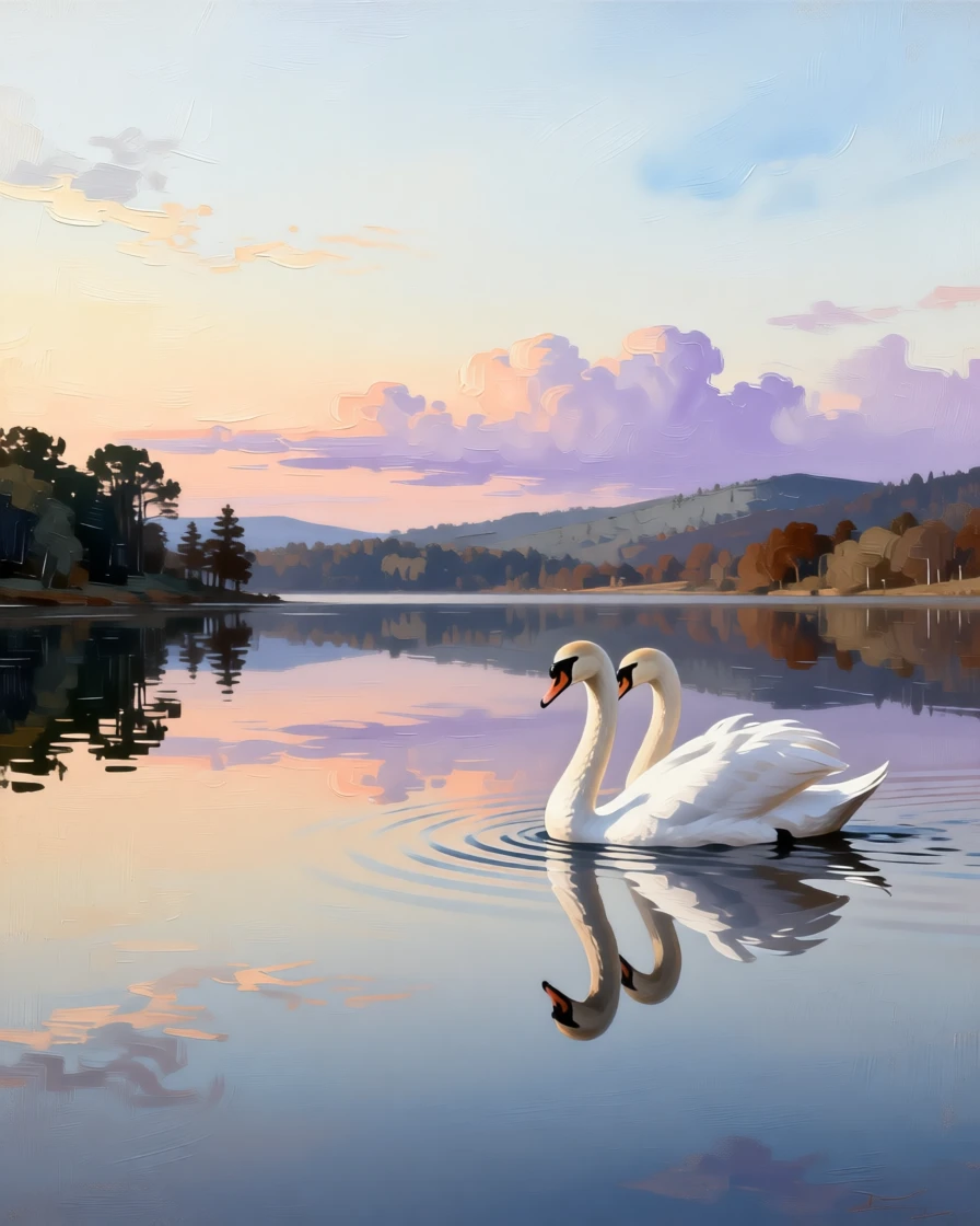 A pair of swans gliding gracefully across a still, mirrored lake at the peaceful, unguarded heart of the natural world, set beside a still lake reflecting a painterly sky, with reflections in still water doubling the beauty of the moment; the animal is placed off-center to leave room for the vast, breathing landscape, evoking wonder, majesty, and reverence for the natural world.
