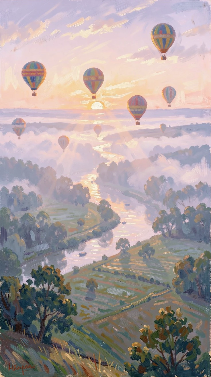 A misty morning over a river valley, hot air balloons drifting silently above the fog-covered fields, as the first light of dawn breaks.