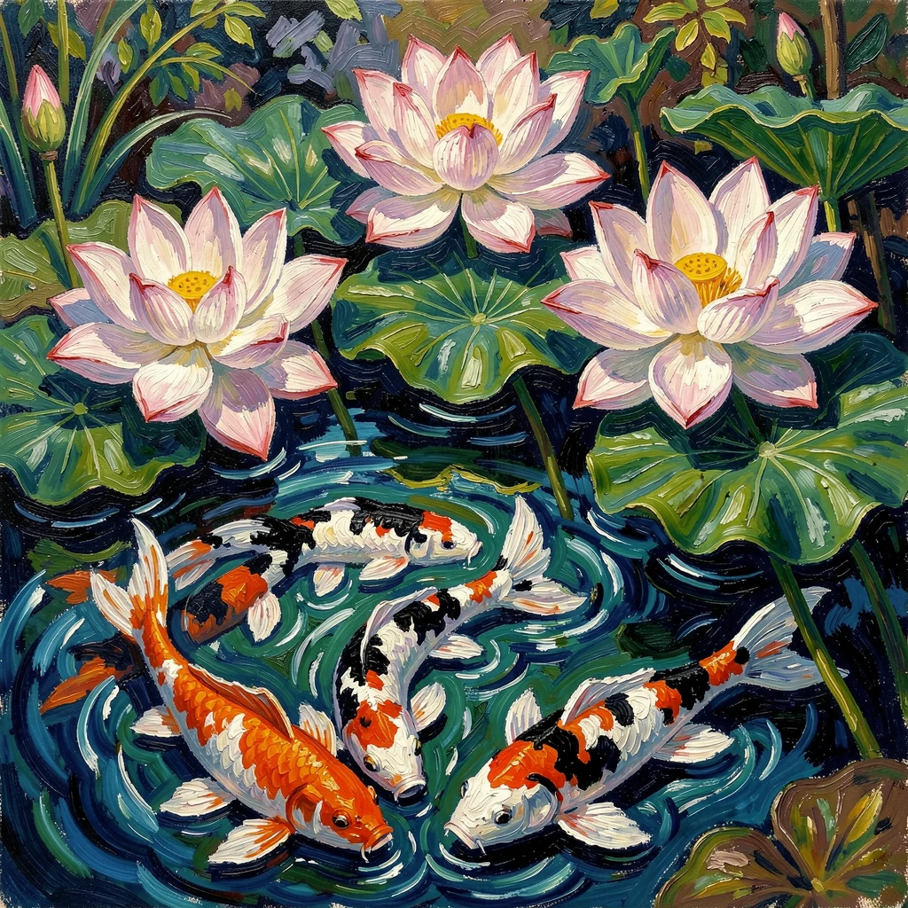 A pond garden with koi swimming beneath blooming lotus flowers.