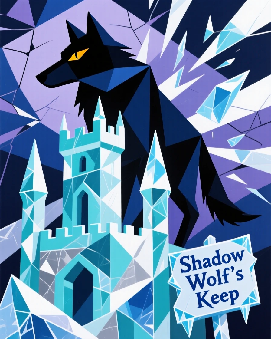 A magical scene of a shadow wolf atop a castle carved from glacial ice.