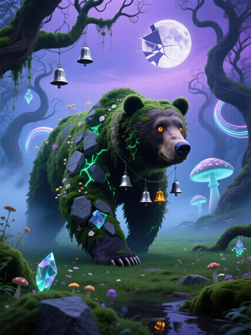 A bear made of moss and stone walking through a quiet glade moves silently through a fog-covered meadow, while soft chimes seem to ring with each of its movements.