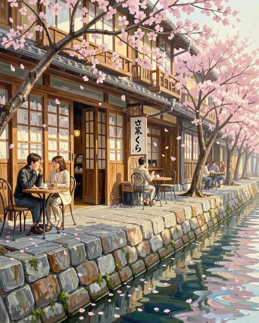 A charming café in Kyoto sits along a stone canal lined with cherry blossom trees, pink petals drifting onto outdoor tables, the atmosphere feeling both timeless and quietly alive with the rhythms of daily life.