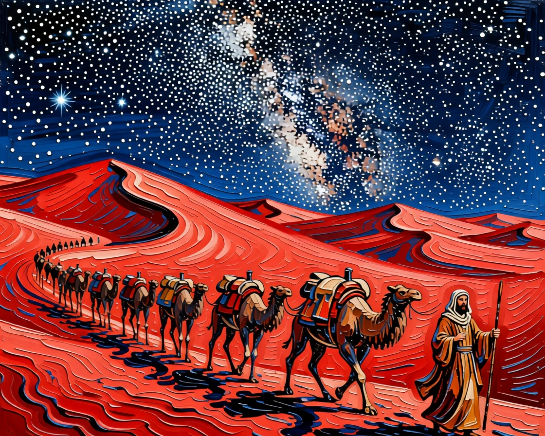 A caravan crossing rolling red dunes beneath a star-filled desert sky