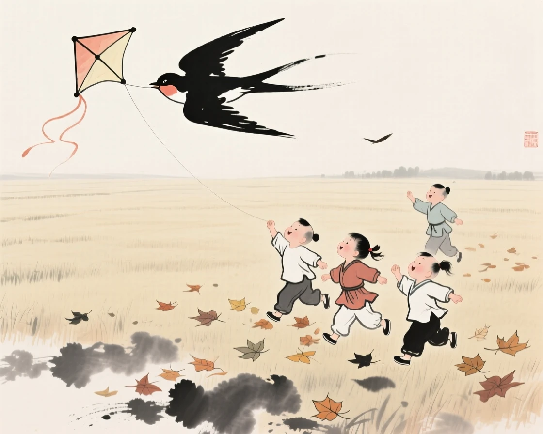 A group of children fly a kite shaped like a swallow above an open field, as autumn leaves scatter around their feet.